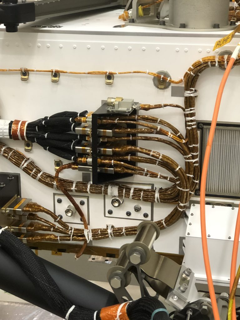 The DPA 4006 affixed atop the cable bracket aboard the Mars Perseverance Rover, which landed on Mars on Thursday, February 18, 2021. 