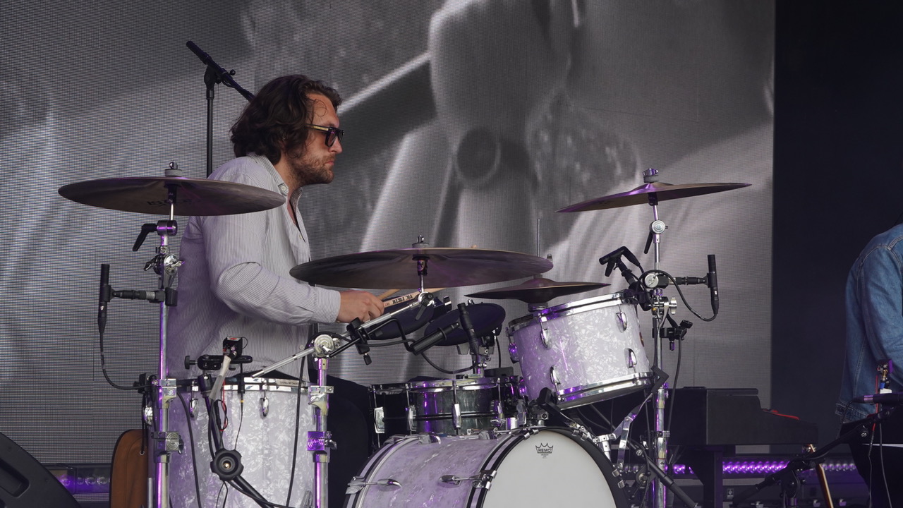 Lewis Capaldi’s drummer Freddy Sheen rocks out on his drum kit during the performer's Summer Tours