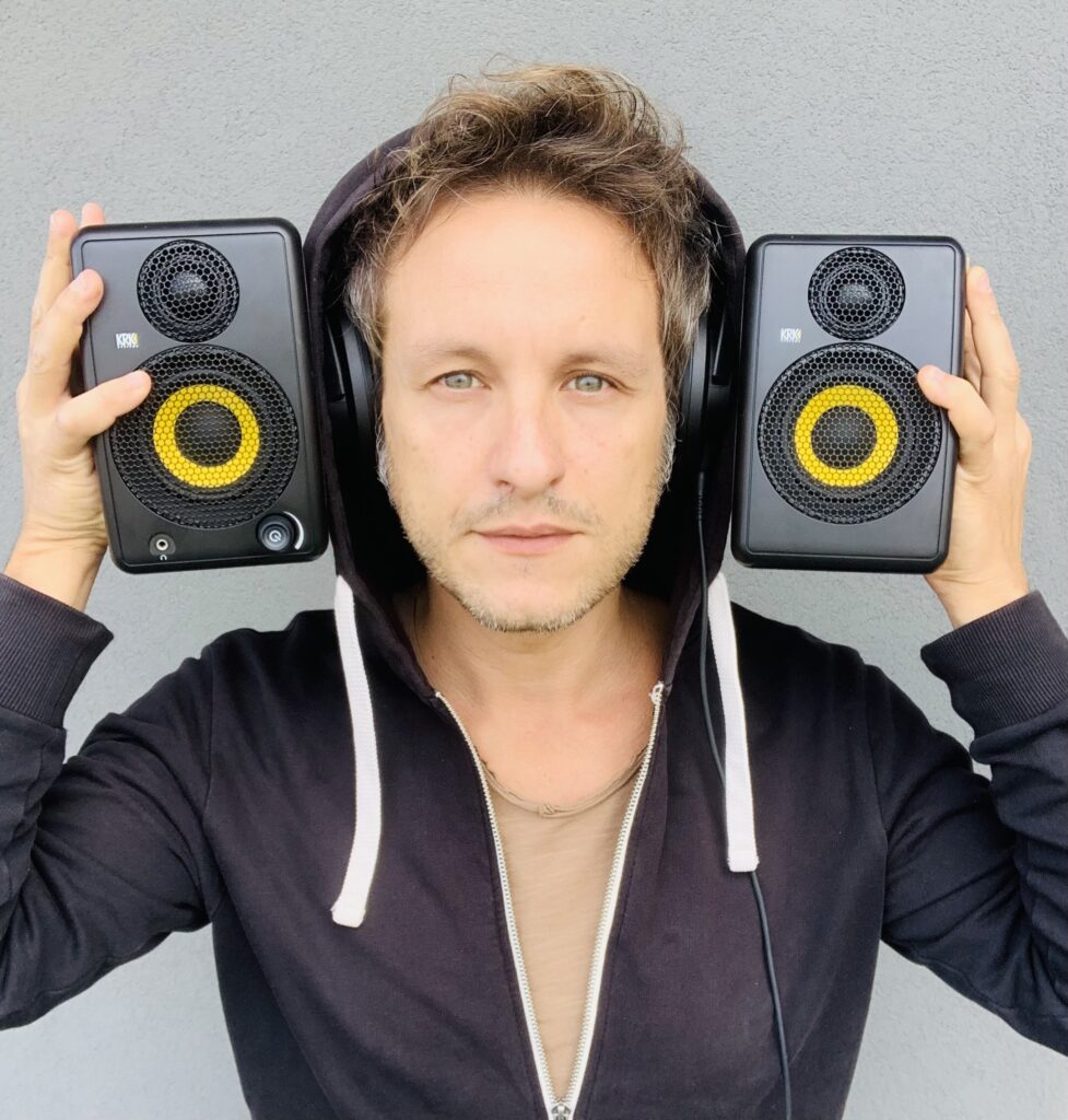 Giuvazza with his KRK GoAux 3 Portable Monitor System and KNS 8402 Headphones.