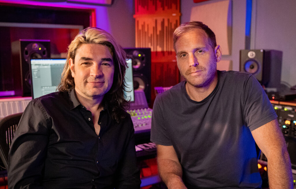 Fab Dupont (left) and Nic Hard (right) during the Snarky Puppy “Empire Central” Dolby Atmos mixing session.